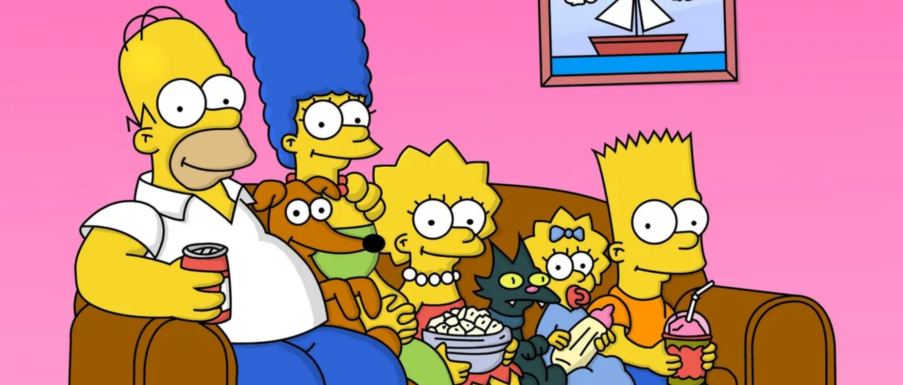 Famille simpsons assise sur le canapé en vous regardant.